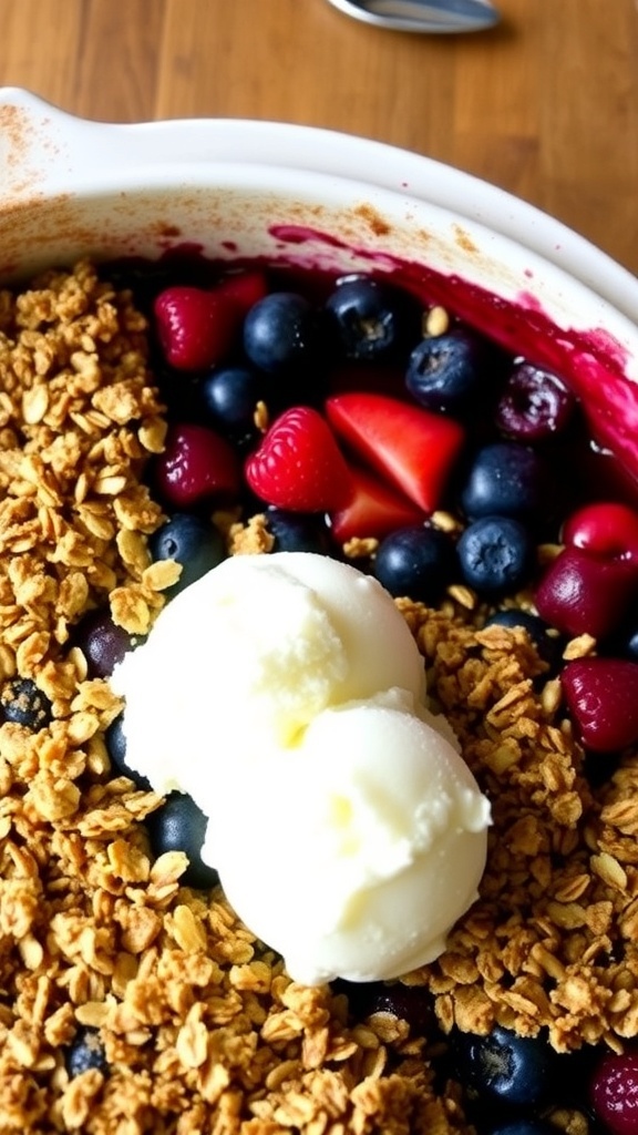 Mixed Berry Crumble Recipe A delicious mixed berry crumble with a golden topping and a scoop of vanilla ice cream.